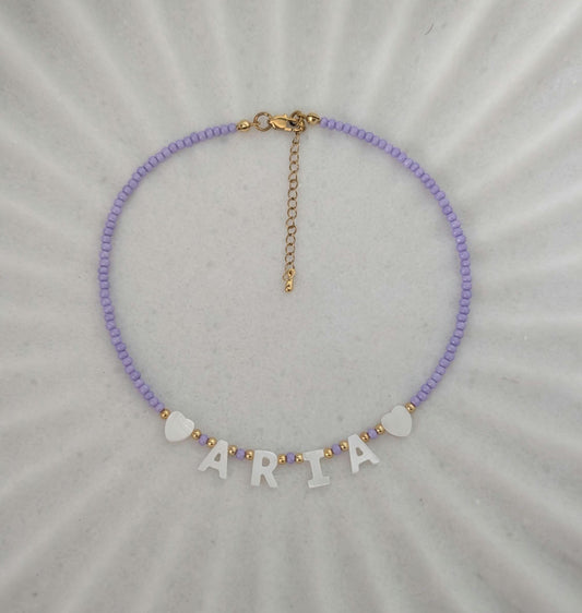Purple custom name necklace for kids mother of Pearl letter name necklace, kids bright beaded necklace, birthday gift for little girls