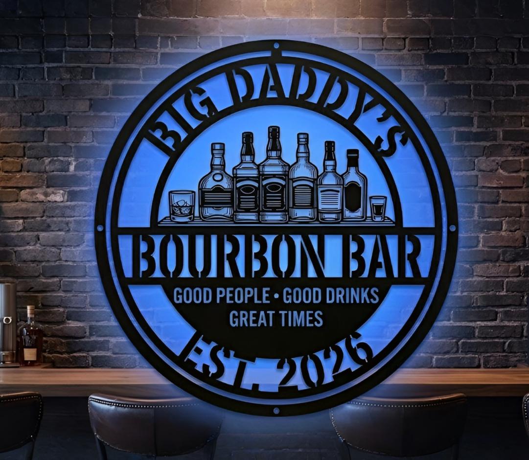 Custom Bourbon Bar LED Sign, Whiskey Lounge Metal Wall Decor, Fathers Day Gift for Dad