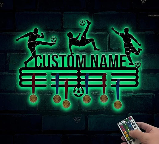 Personalized Soccer Medal Holder, LED Metal Wall Display, Custom Name Sports Decor, Football Medal Rack, Player Gift