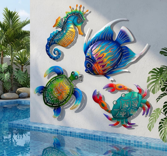 Coastal Sea Life Metal Wall Art Set, Colorful Fish Turtle Seahorse Crab Decor, Tropical Outdoor Wall Hanging