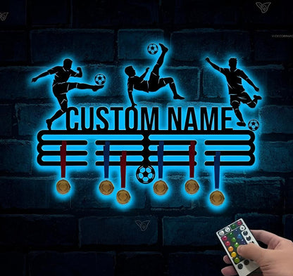 Personalized Soccer Medal Holder, LED Metal Wall Display, Custom Name Sports Decor, Football Medal Rack, Player Gift