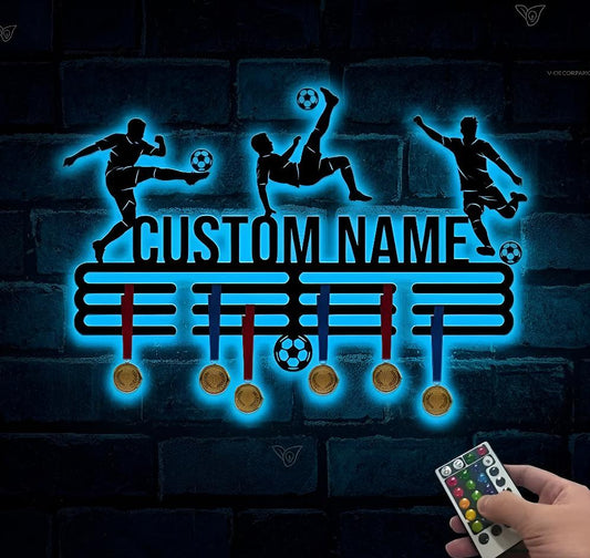 Personalized Soccer Medal Holder, LED Metal Wall Display, Custom Name Sports Decor, Football Medal Rack, Player Gift