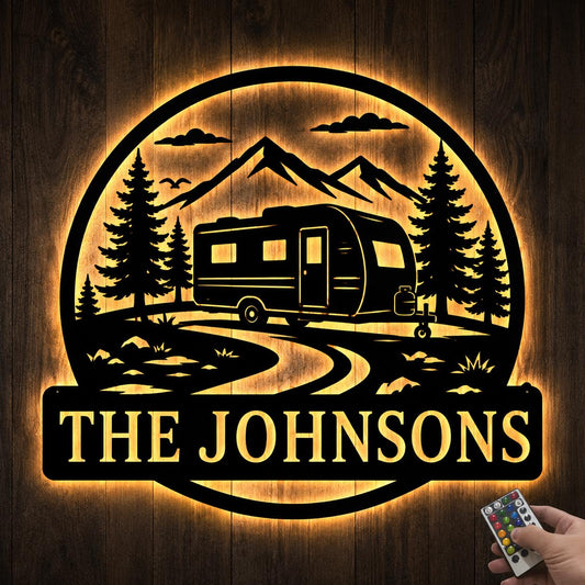 Personalized RV Camping Sign, Backlit Metal Wall Art With Camper, Forest, Chairs And Established Year