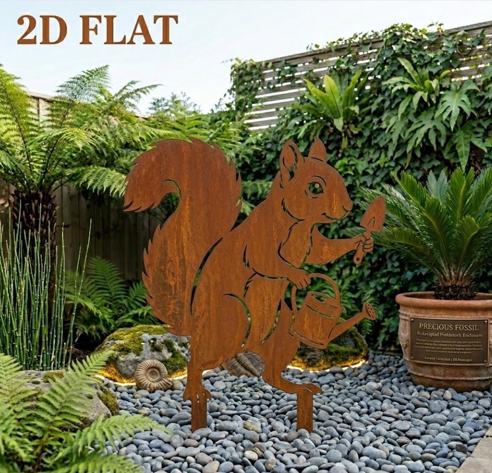Gardening Squirrel Metal Garden Stake, Rustic Yard Decoration, Outdoor Animal Art for Garden