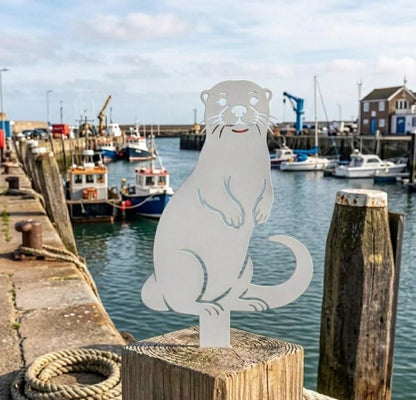 Otter Metal Garden Stake, White Wildlife Yard Art, Coastal Outdoor Decor For Dock, Patio Or Lake House