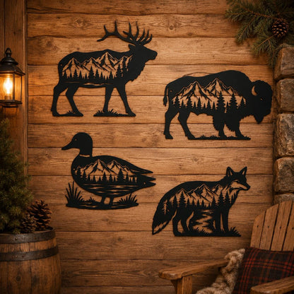 Mountain Wildlife Metal Art, Forest Animal Wall Decor With Bear, Deer, Moose Or Wolf For Rustic Cabin Decor