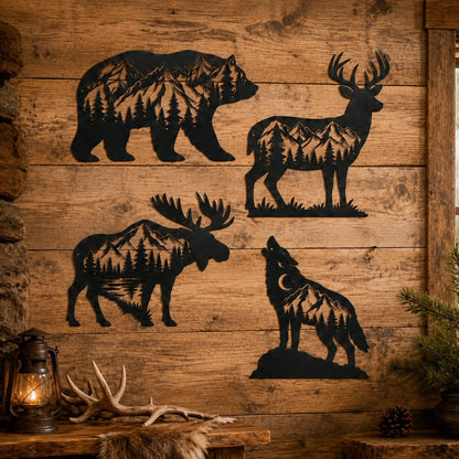 Mountain Wildlife Metal Art, Forest Animal Wall Decor With Bear, Deer, Moose Or Wolf For Rustic Cabin Decor