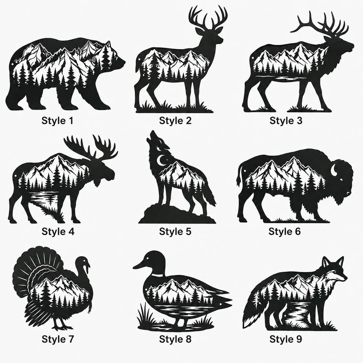 Mountain Wildlife Metal Art, Forest Animal Wall Decor With Bear, Deer, Moose Or Wolf For Rustic Cabin Decor