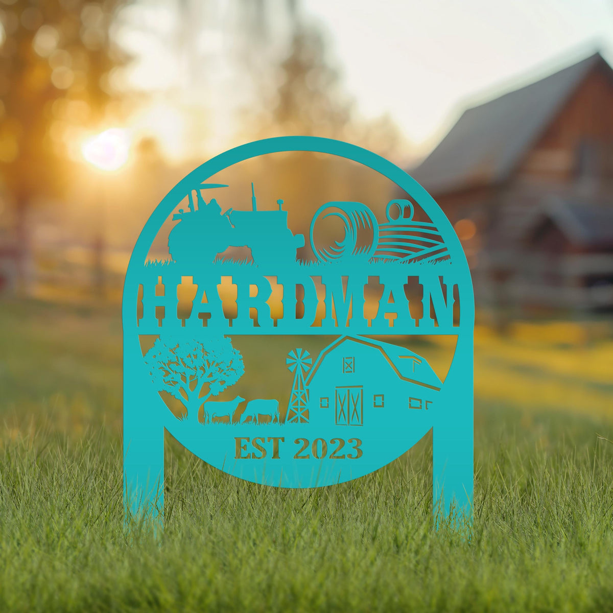 Farm Sign Metal Yard Stake, Customizable Outdoor Gift, Lawn Decoration with Cows and Hay Fields, Livestock Small Business Signage Idea