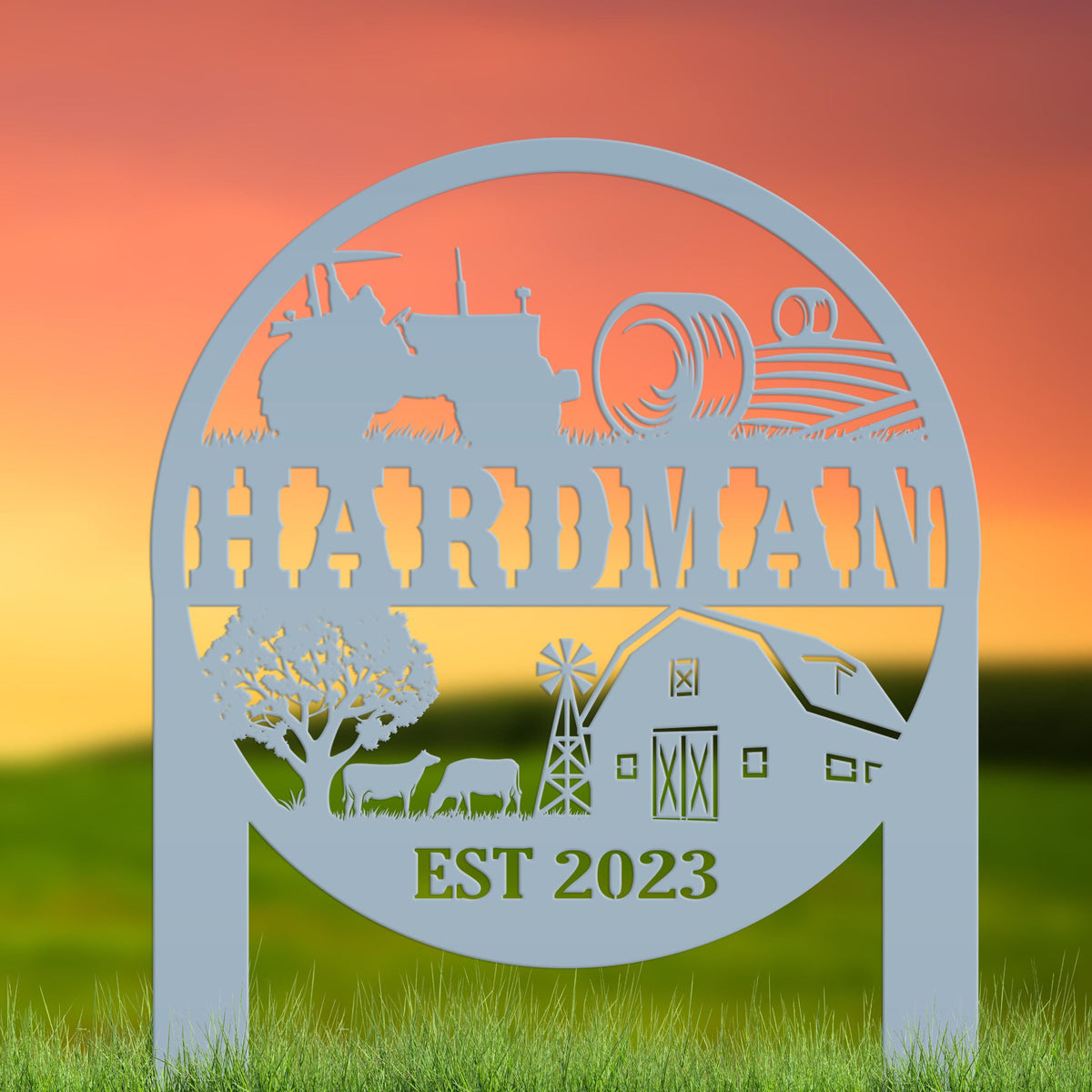 Farm Sign Metal Yard Stake, Customizable Outdoor Gift, Lawn Decoration with Cows and Hay Fields, Livestock Small Business Signage Idea