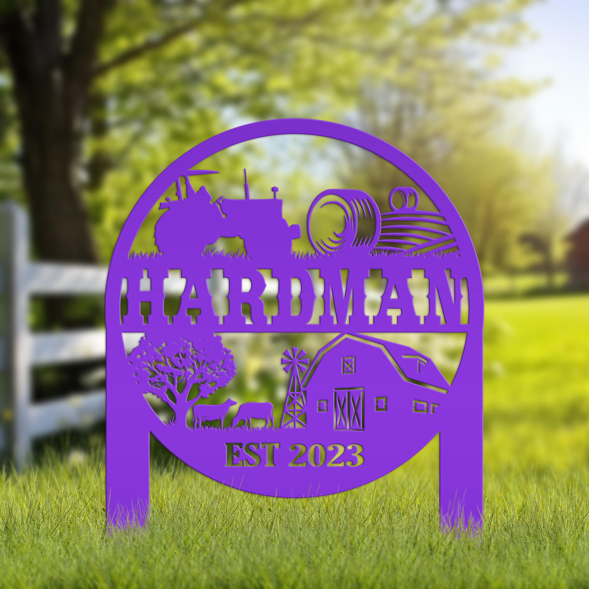 Farm Sign Metal Yard Stake, Customizable Outdoor Gift, Lawn Decoration with Cows and Hay Fields, Livestock Small Business Signage Idea