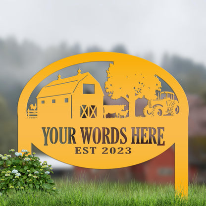 Farm Sign Metal Outdoor Yard Stake with Tractor Scene, Front Flower Bed Decor, Address Plaque With Barn and Chickens, Home Decor with Cows