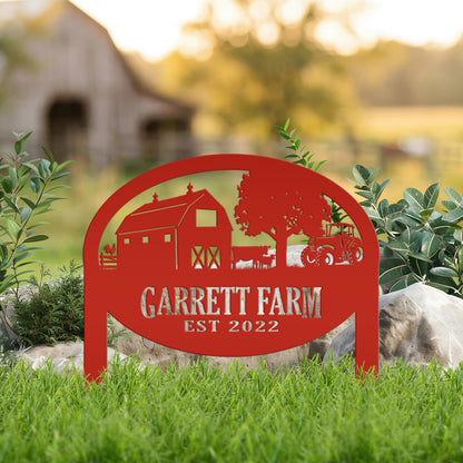 Farm Sign Metal Outdoor Yard Stake with Tractor Scene, Front Flower Bed Decor, Address Plaque With Barn and Chickens, Home Decor with Cows