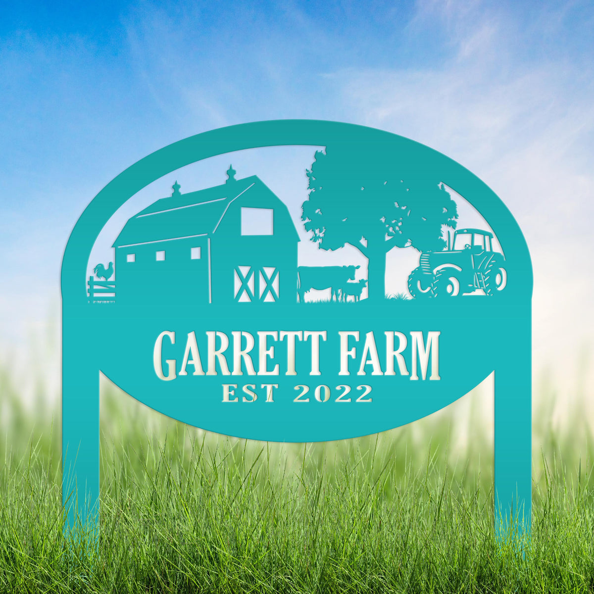 Farm Sign Metal Outdoor Yard Stake with Tractor Scene, Front Flower Bed Decor, Address Plaque With Barn and Chickens, Home Decor with Cows