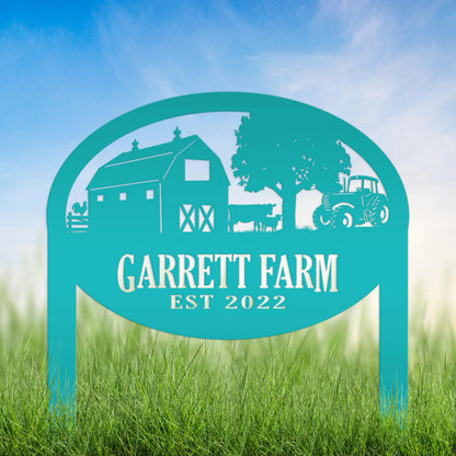 Farm Sign Metal Outdoor Yard Stake with Tractor Scene, Front Flower Bed Decor, Address Plaque With Barn and Chickens, Home Decor with Cows
