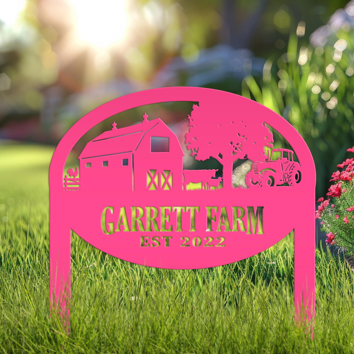 Farm Sign Metal Outdoor Yard Stake with Tractor Scene, Front Flower Bed Decor, Address Plaque With Barn and Chickens, Home Decor with Cows