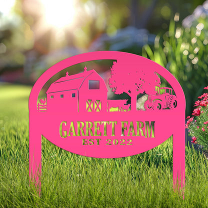 Farm Sign Metal Outdoor Yard Stake with Tractor Scene, Front Flower Bed Decor, Address Plaque With Barn and Chickens, Home Decor with Cows