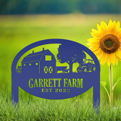 Farm Sign Metal Outdoor Yard Stake with Tractor Scene, Front Flower Bed Decor, Address Plaque With Barn and Chickens, Home Decor with Cows
