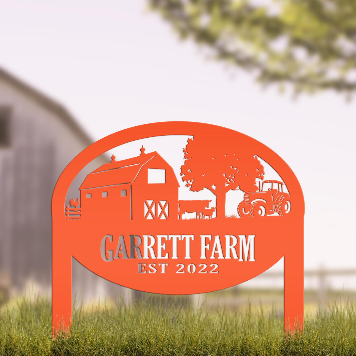Farm Sign Metal Outdoor Yard Stake with Tractor Scene, Front Flower Bed Decor, Address Plaque With Barn and Chickens, Home Decor with Cows