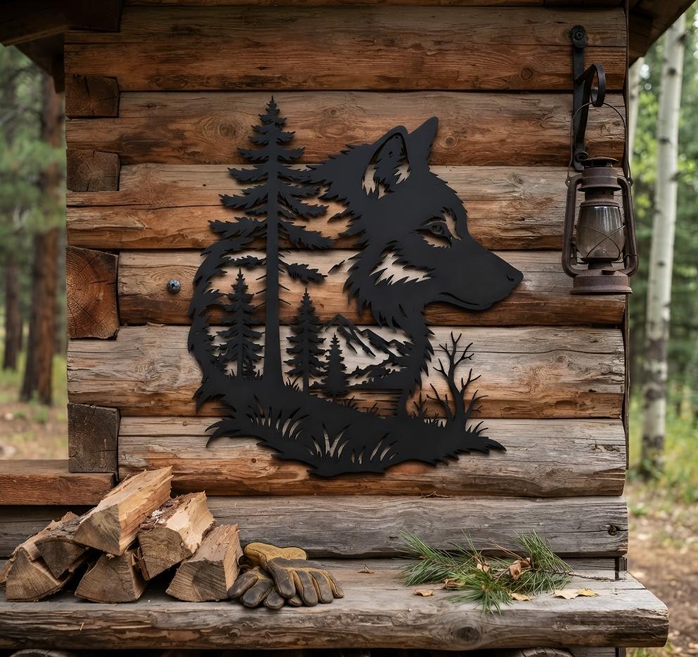 Wolf Forest Metal Sign, Mountain Wildlife Wall Decor, Outdoor Cabin Lodge Porch Art