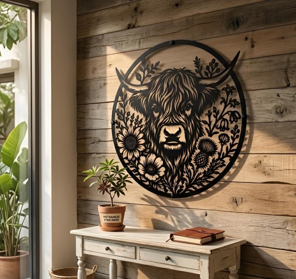 Highland Cow Metal Wall Art, Round Floral Cow Sign With Wildflowers, Rustic Farmhouse Kitchen Decor Gift