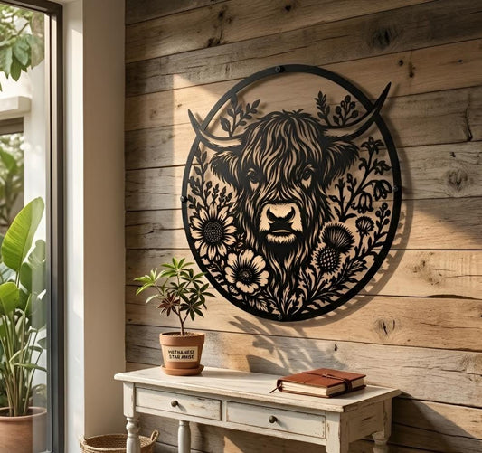 Highland Cow Metal Wall Art, Round Floral Cow Sign With Wildflowers, Rustic Farmhouse Kitchen Decor Gift
