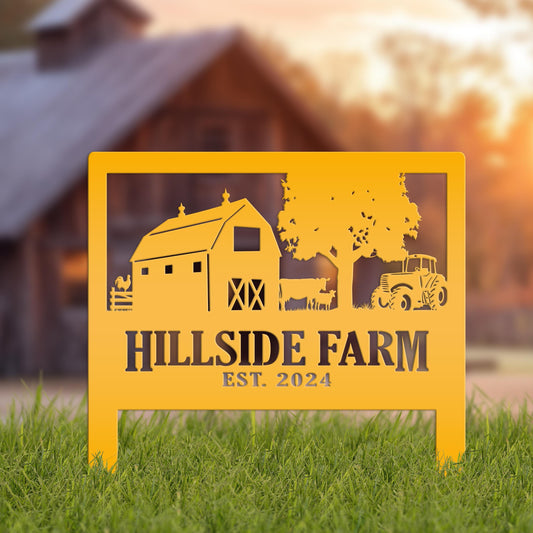 Custom Farm Scene Metal Yard Stake - Unique Farming Outdoor Decor - Charming Homestead Garden Decorations - Rustic Farmhouse Lawn Stakes