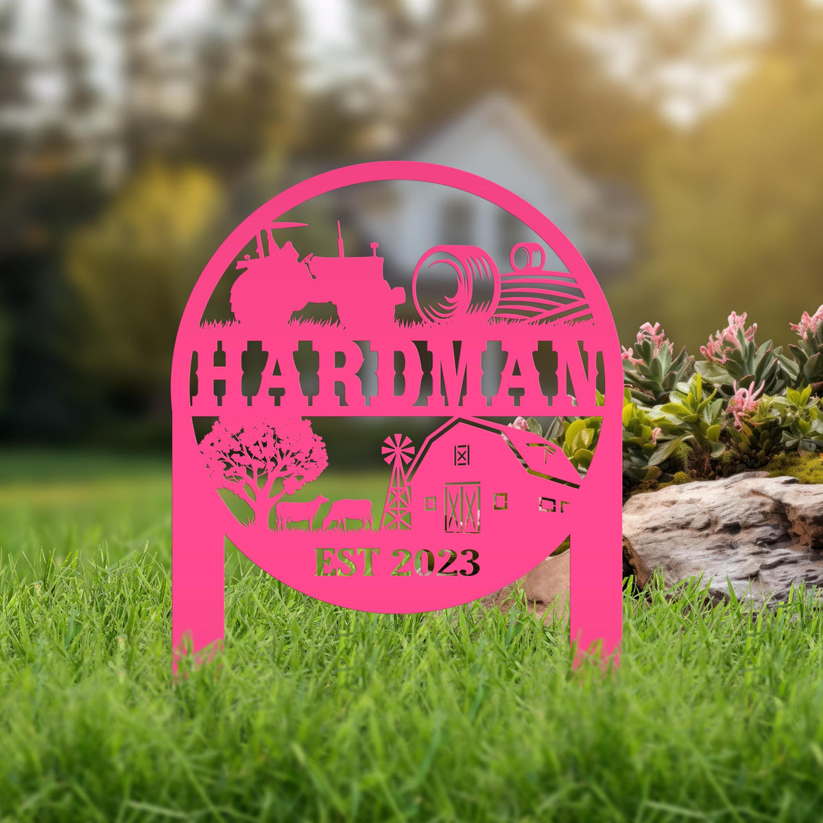 Farm Sign Metal Yard Stake, Customizable Outdoor Gift, Lawn Decoration with Cows and Hay Fields, Livestock Small Business Signage Idea
