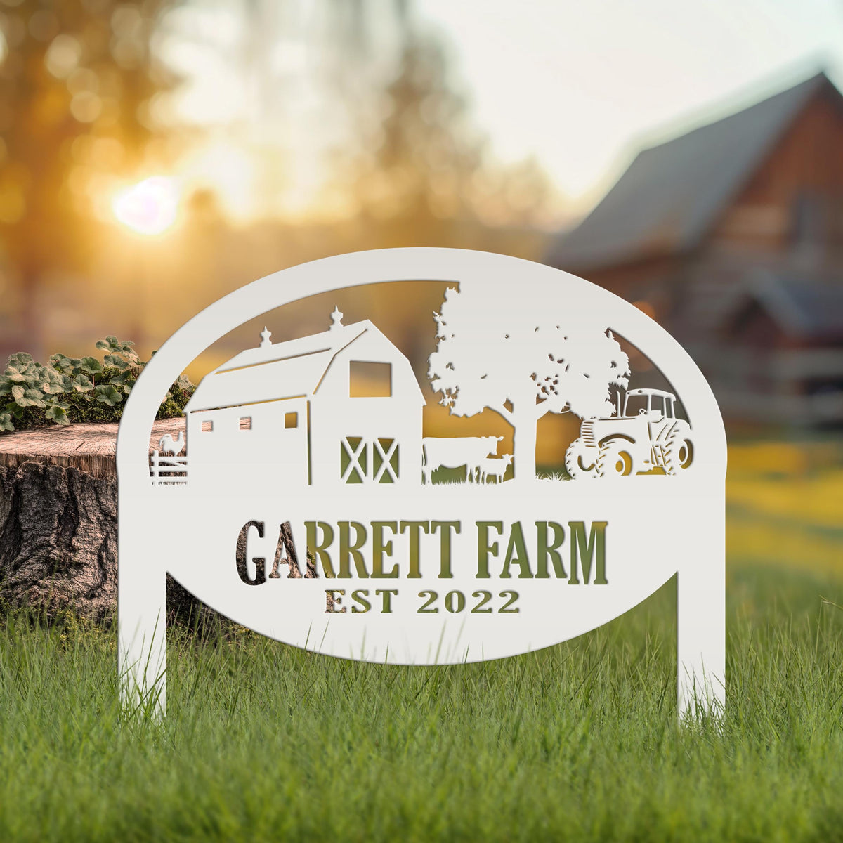 Farm Sign Metal Outdoor Yard Stake with Tractor Scene, Front Flower Bed Decor, Address Plaque With Barn and Chickens, Home Decor with Cows
