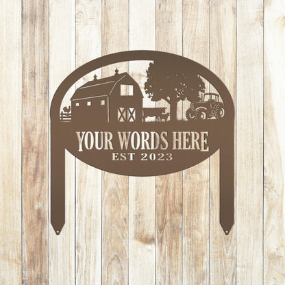 Farm Sign Metal Outdoor Yard Stake with Tractor Scene, Front Flower Bed Decor, Address Plaque With Barn and Chickens, Home Decor with Cows