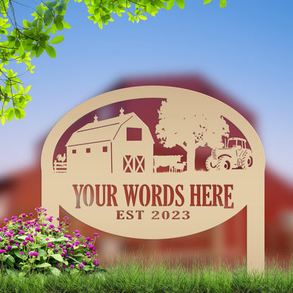 Farm Sign Metal Outdoor Yard Stake with Tractor Scene, Front Flower Bed Decor, Address Plaque With Barn and Chickens, Home Decor with Cows
