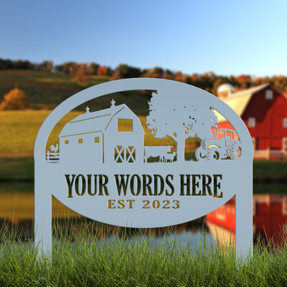Farm Sign Metal Outdoor Yard Stake with Tractor Scene, Front Flower Bed Decor, Address Plaque With Barn and Chickens, Home Decor with Cows
