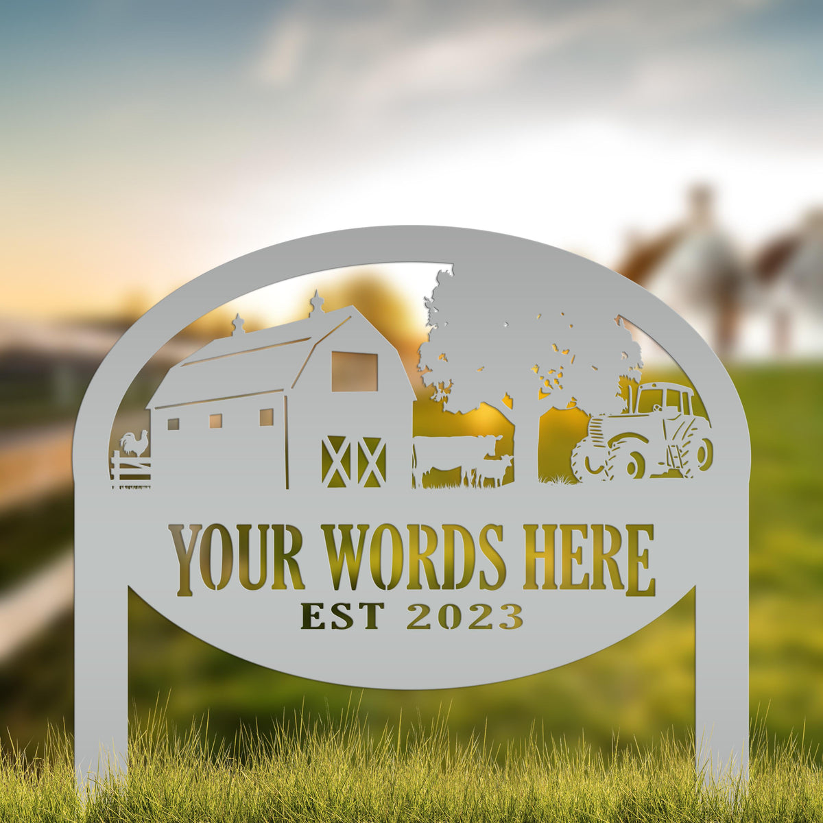 Farm Sign Metal Outdoor Yard Stake with Tractor Scene, Front Flower Bed Decor, Address Plaque With Barn and Chickens, Home Decor with Cows