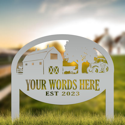 Farm Sign Metal Outdoor Yard Stake with Tractor Scene, Front Flower Bed Decor, Address Plaque With Barn and Chickens, Home Decor with Cows