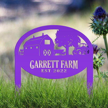 Farm Sign Metal Outdoor Yard Stake with Tractor Scene, Front Flower Bed Decor, Address Plaque With Barn and Chickens, Home Decor with Cows