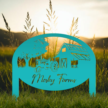 Metal Farm Sign Customizable with Rustic Tractor and Barn with Yard Stakes, Outdoor Personalized Family Name Lawn Decoration, Address Marker