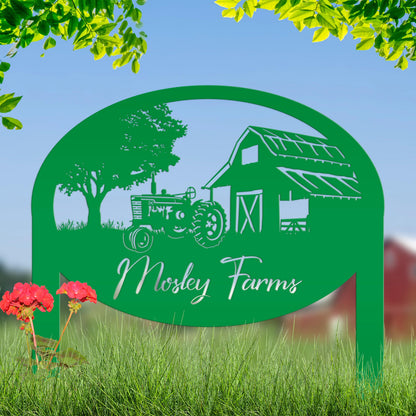 Metal Farm Sign Customizable with Rustic Tractor and Barn with Yard Stakes, Outdoor Personalized Family Name Lawn Decoration, Address Marker