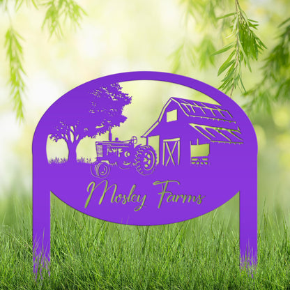 Metal Farm Sign Customizable with Rustic Tractor and Barn with Yard Stakes, Outdoor Personalized Family Name Lawn Decoration, Address Marker