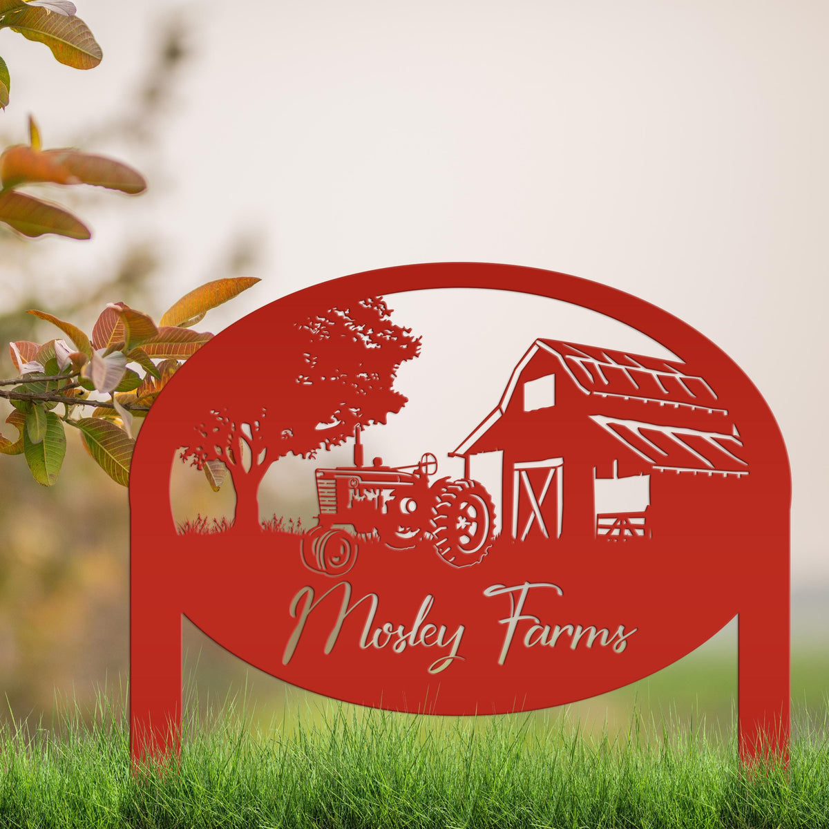 Metal Farm Sign Customizable with Rustic Tractor and Barn with Yard Stakes, Outdoor Personalized Family Name Lawn Decoration, Address Marker