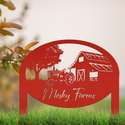 Metal Farm Sign Customizable with Rustic Tractor and Barn with Yard Stakes, Outdoor Personalized Family Name Lawn Decoration, Address Marker