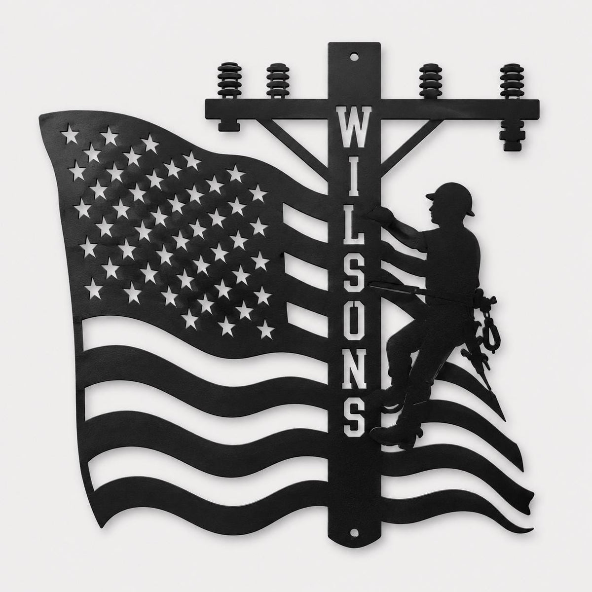 Personalized Lineman LED Sign, Custom Name American Flag Metal Wall Light for Garage or Man Cave