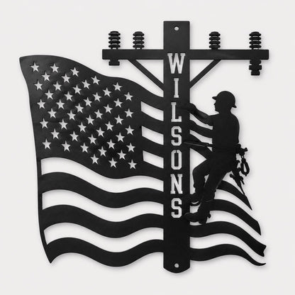 Personalized Lineman LED Sign, Custom Name American Flag Metal Wall Light for Garage or Man Cave