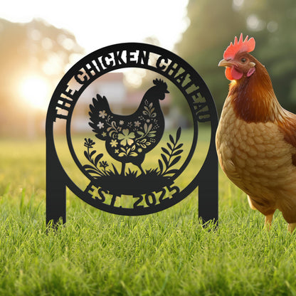 Chicken Coop Metal Address Yard Stake - Personalized Farm Sign - Cute Floral Chicken Home Decor - Farmhouse Lawn Display - Garden Decoration