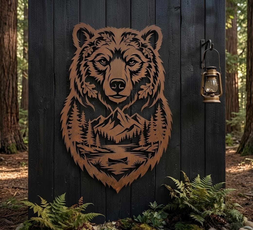 Bear Head Metal Wall Decor, Wildlife Wall Art With Pine Trees And Mountains, Rustic Cabin Home Decor