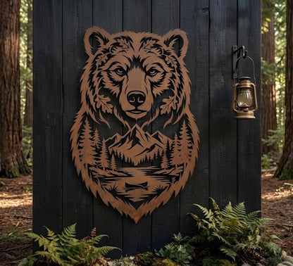 Bear Head Metal Wall Decor, Wildlife Wall Art With Pine Trees And Mountains, Rustic Cabin Home Decor