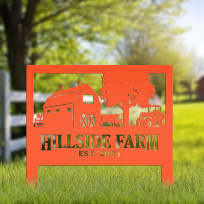 Custom Farm Scene Metal Yard Stake - Unique Farming Outdoor Decor - Charming Homestead Garden Decorations - Rustic Farmhouse Lawn Stakes