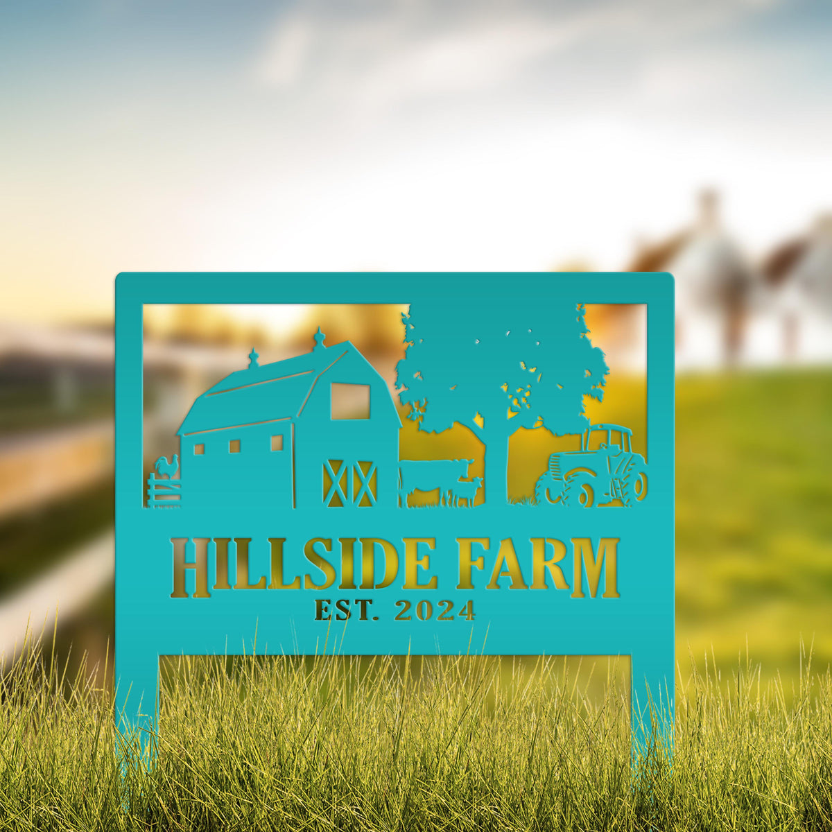 Custom Farm Scene Metal Yard Stake - Unique Farming Outdoor Decor - Charming Homestead Garden Decorations - Rustic Farmhouse Lawn Stakes