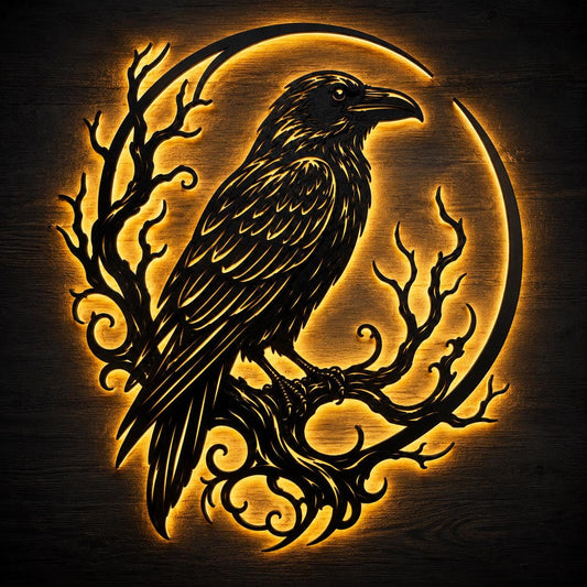 Golden LED Raven Wall Art, Black Metal Crow on Branch Design, Dark Cottage Decor for Living Room, Bar or Entryway