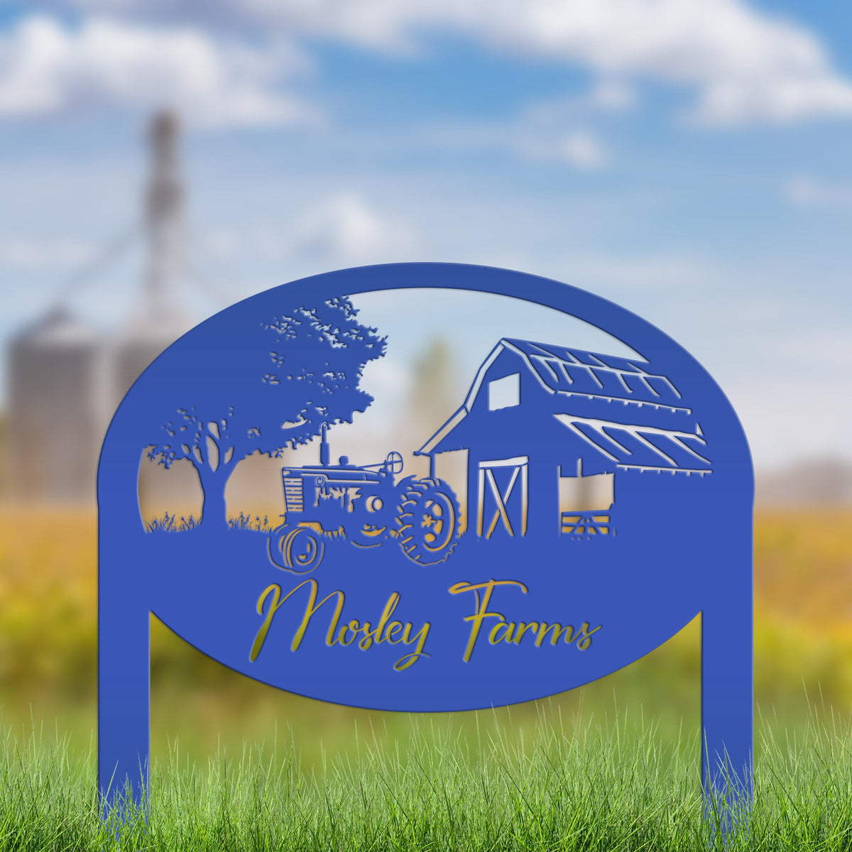 Metal Farm Sign Customizable with Rustic Tractor and Barn with Yard Stakes, Outdoor Personalized Family Name Lawn Decoration, Address Marker