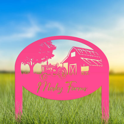Metal Farm Sign Customizable with Rustic Tractor and Barn with Yard Stakes, Outdoor Personalized Family Name Lawn Decoration, Address Marker